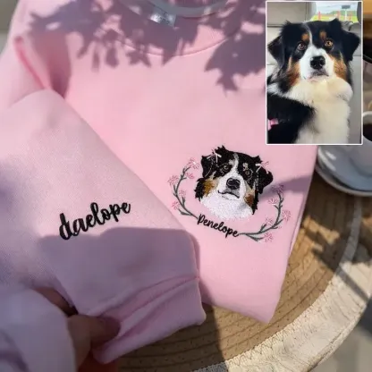 Personalized Embroidered Hoodie, Custom Dog Portrait in Full-Color with Floral wreath Design