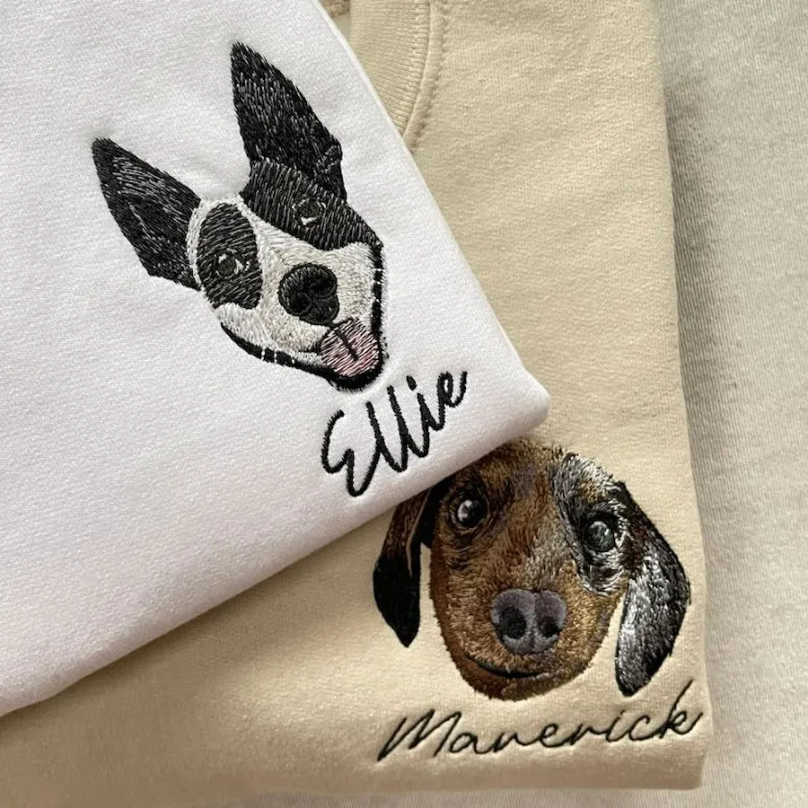 Full Color Pet Portrait Embroidered Sweatshirt,Custom Dog, Cat & Horse Face with Name/Date