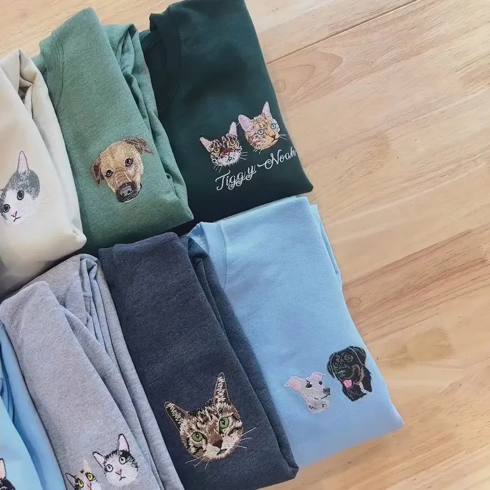 Full Color Pet Portrait Embroidered Sweatshirt,Custom Dog, Cat & Horse Face with Name/Date
