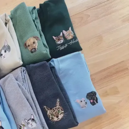 Full Color Pet Portrait Embroidered Sweatshirt,Custom Dog, Cat & Horse Face with Name/Date