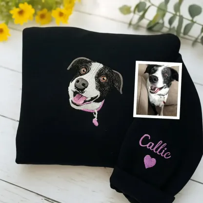 Full Color Pet Portrait Embroidered Sweatshirt,Custom Dog, Cat & Horse Face with Name/Date