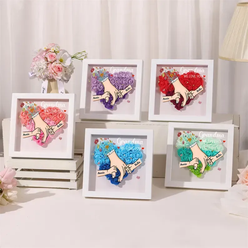 Family Love Blooms Forever – Personalised Mom & Grandma Flower Shadow Box with Names