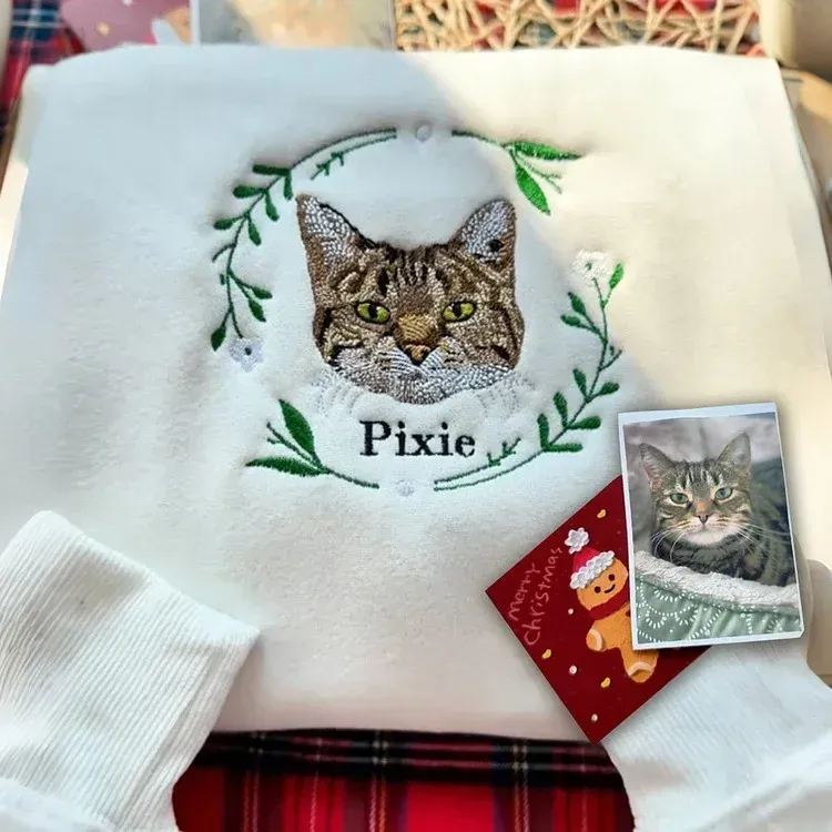 Personalized Embroidered Hoodie, Custom Dog Portrait in Full-Color with Floral wreath Design