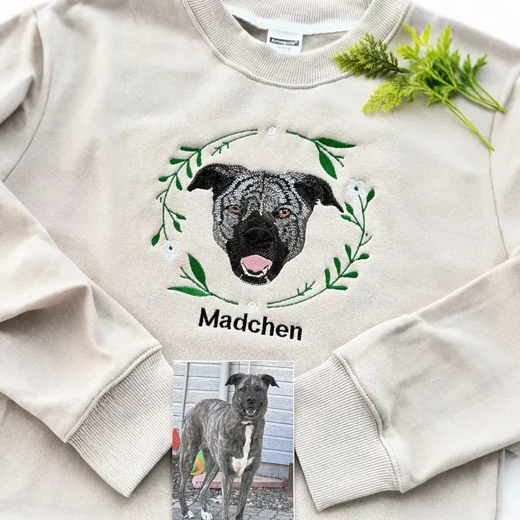 Personalized Embroidered Hoodie, Custom Dog Portrait in Full-Color with Floral wreath Design
