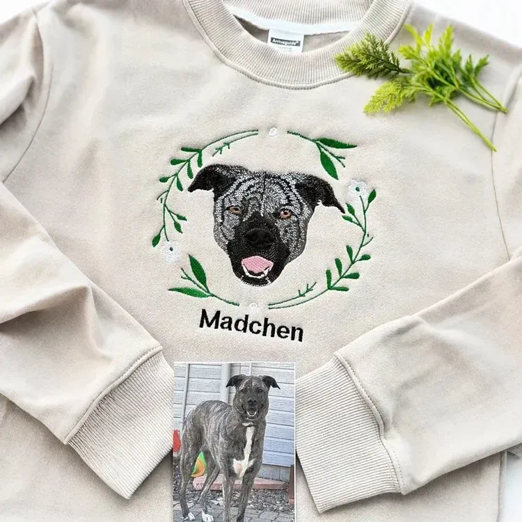 Personalized Embroidered Hoodie, Custom Dog Portrait in Full-Color with Floral wreath Design