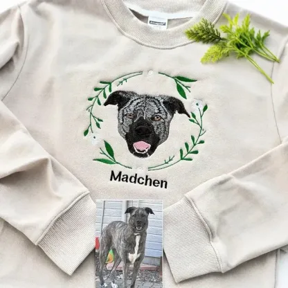 Personalized Embroidered Hoodie, Custom Dog Portrait in Full-Color with Floral wreath Design