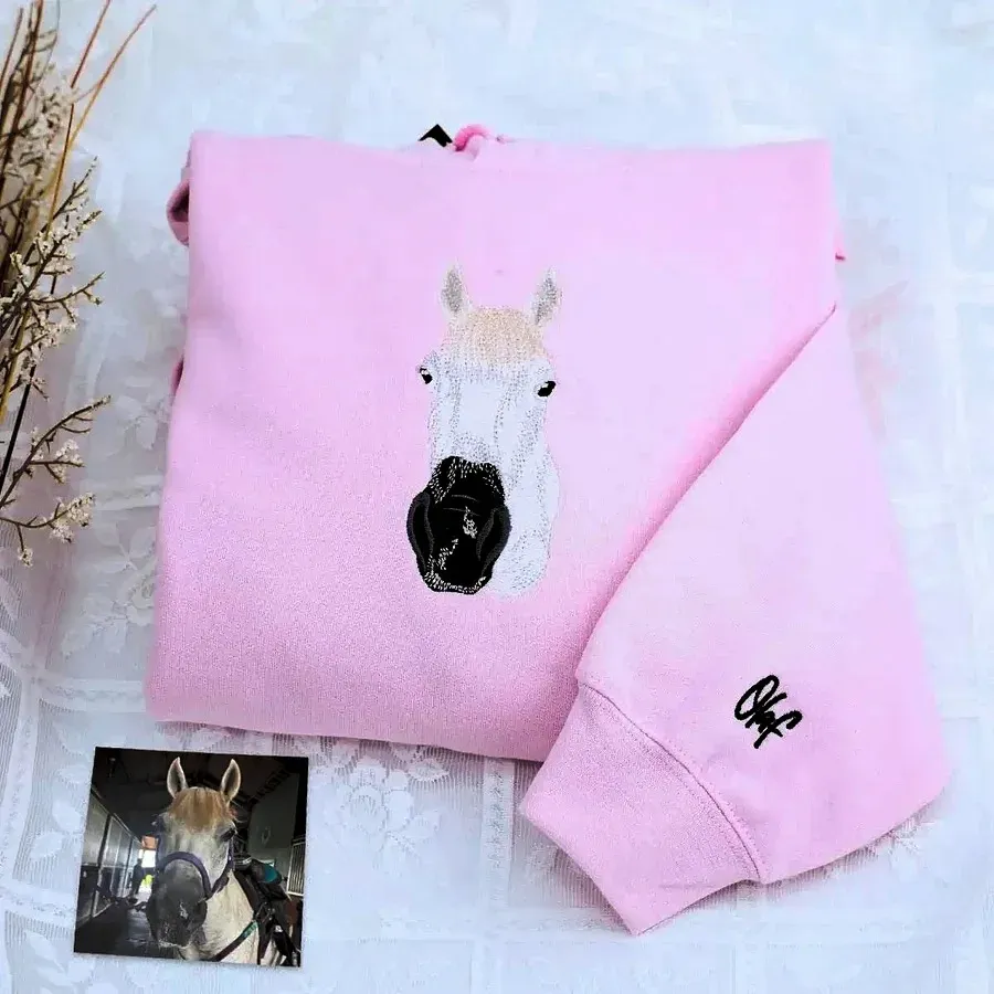 Full Color Pet Portrait Embroidered Sweatshirt,Custom Dog, Cat & Horse Face with Name/Date