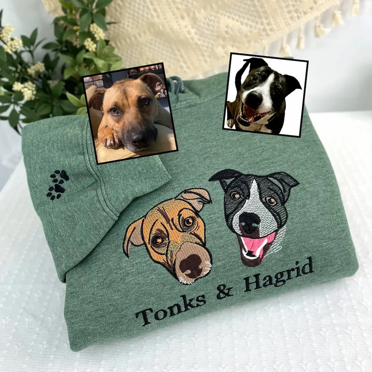 Full Color Pet Portrait Embroidered Sweatshirt,Custom Dog, Cat & Horse Face with Name/Date