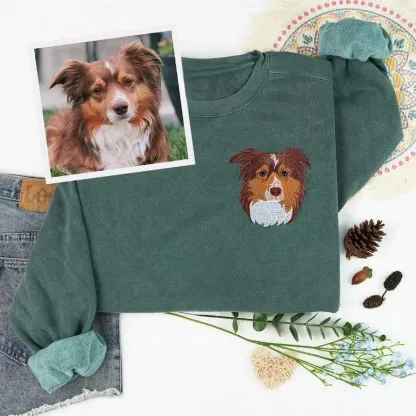 Full Color Pet Portrait Embroidered Sweatshirt,Custom Dog, Cat & Horse Face with Name/Date