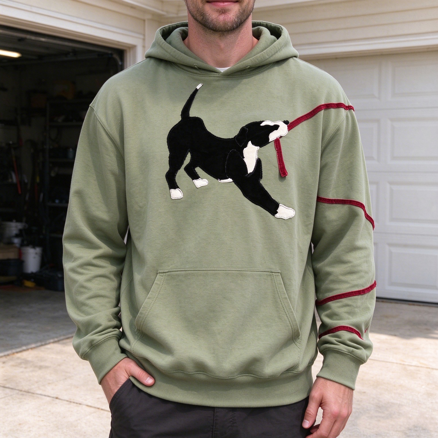 Playful Dog Leash Appliqué Embroidered Crewneck Sweatshirt