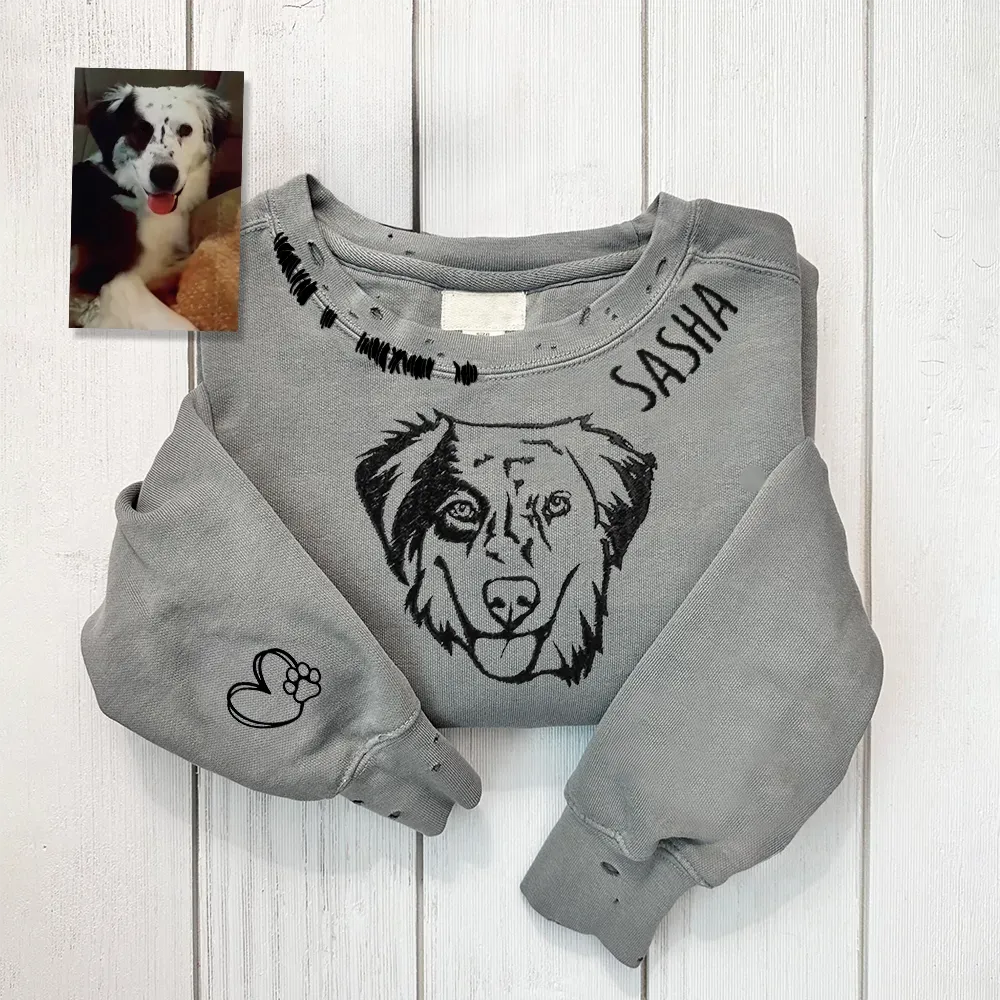 VINTAGE CUSTOM CREW-Custom Pet,Dog,Cat Face Full-color Outline Embroidered Hand Distressed Crew Neck Sweatshirt 