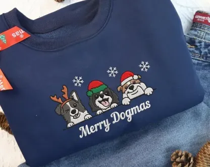 Custom Pet Portrait Christmas Hat Snowflake Embroidered Sweatshirt, Hoodie, T-Shirt