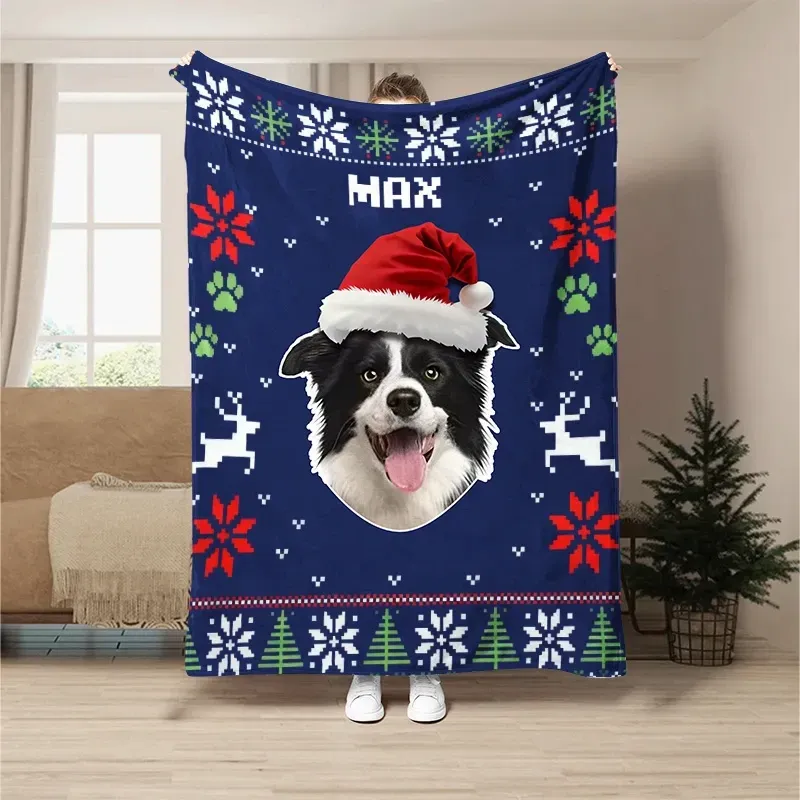 Custom Pet Portrait Christmas Blanket, Photo-Customized Personalized Pet Blanket