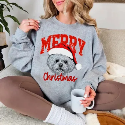 Custom Pet Portrait Christmas Sweatshirt - Personalized Dog/Cat Santa Hat Hoodie