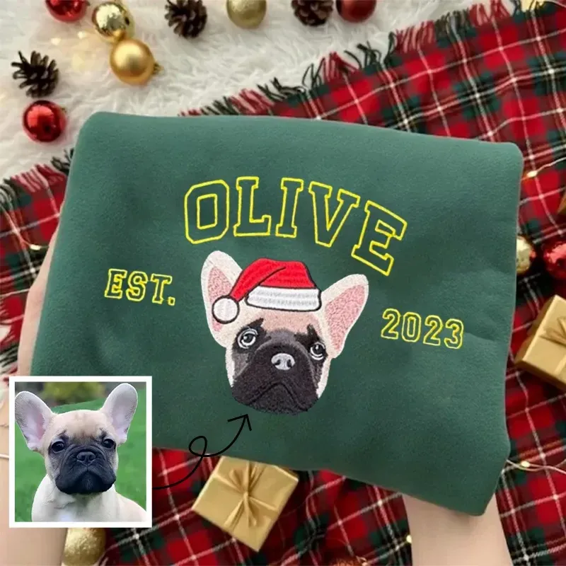 Custom Pet Face Embroidered Christmas Sweatshirt, Christmas Gift For Pet Lovers