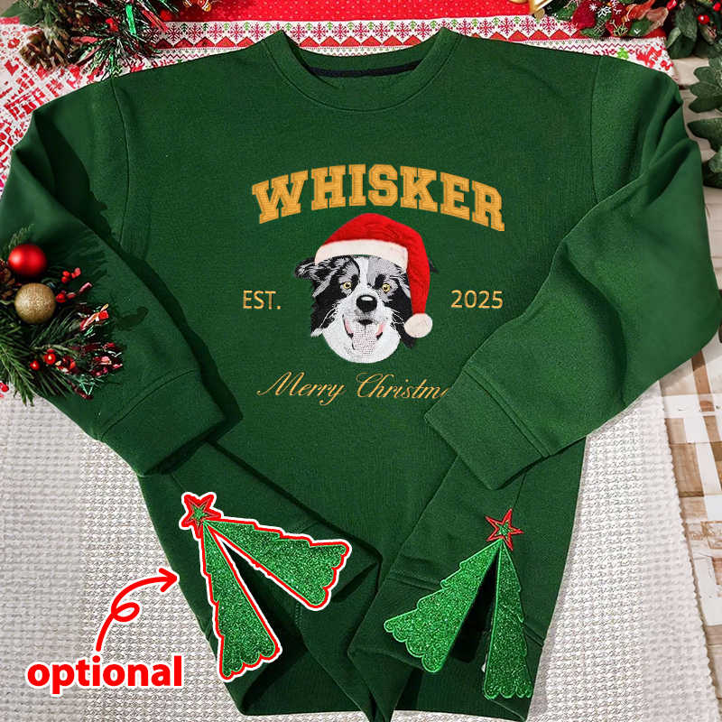 Custom Merry Christmas Embroidered Pet Portrait Sweatshirt with Glitter Side Bow Design
