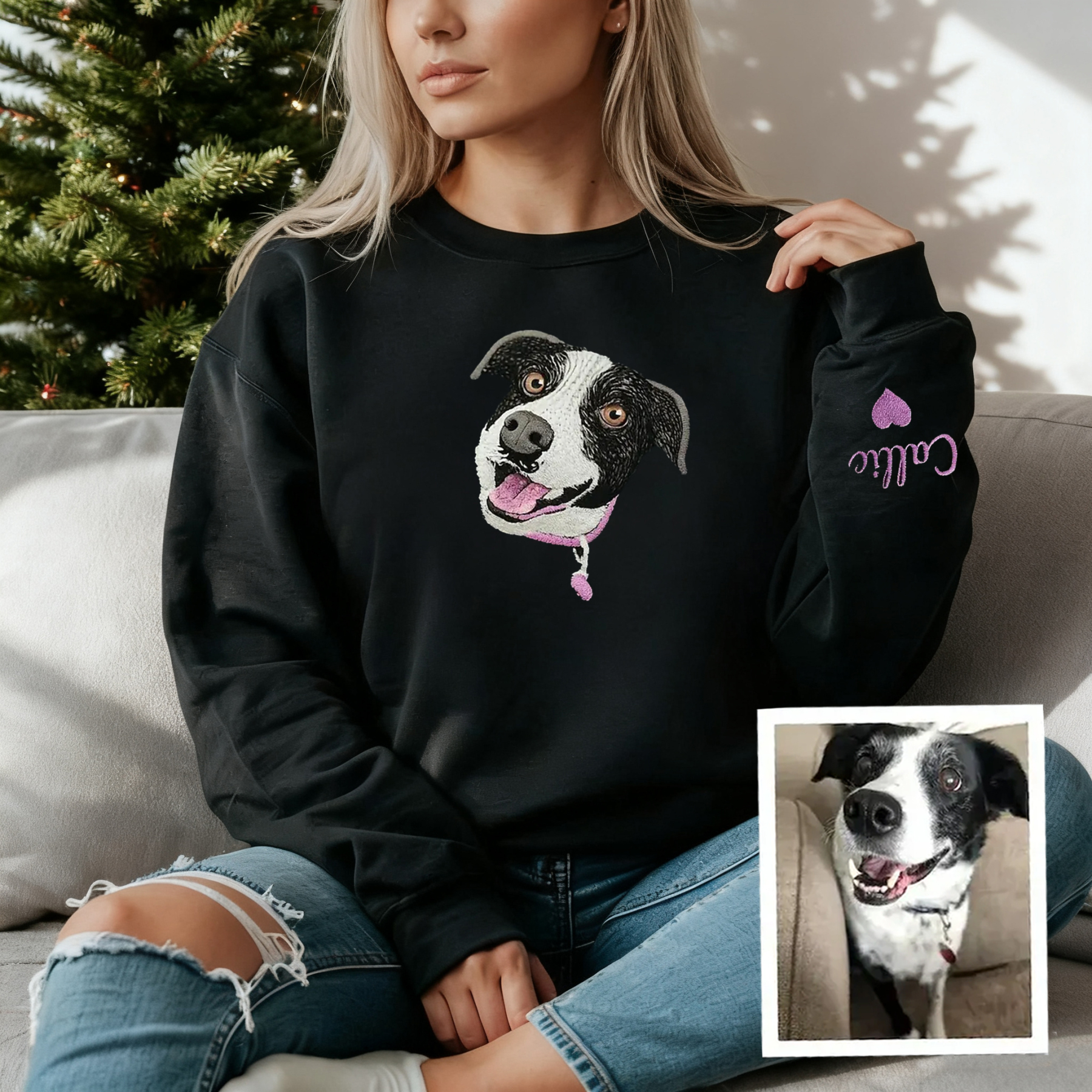 Full Color Pet Portrait Embroidered Sweatshirt,Custom Dog, Cat & Horse Face with Name/Date