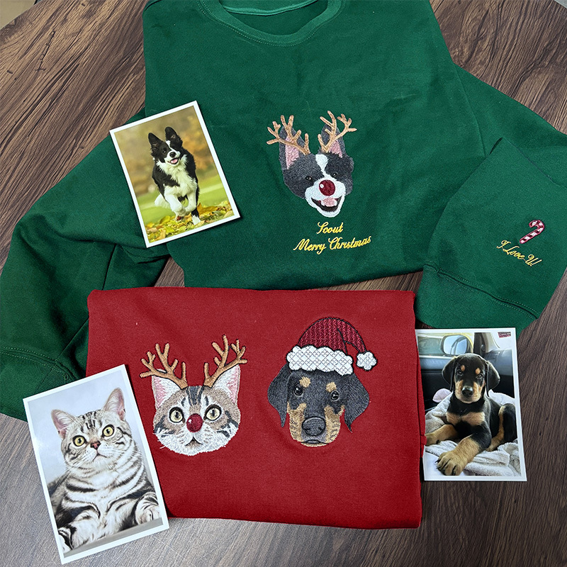 Custom Embroidered Pet Portrait Christmas Sweatshirt Hoodie Tee