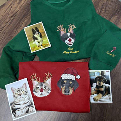 Custom Embroidered Pet Portrait Christmas Sweatshirt Hoodie Tee