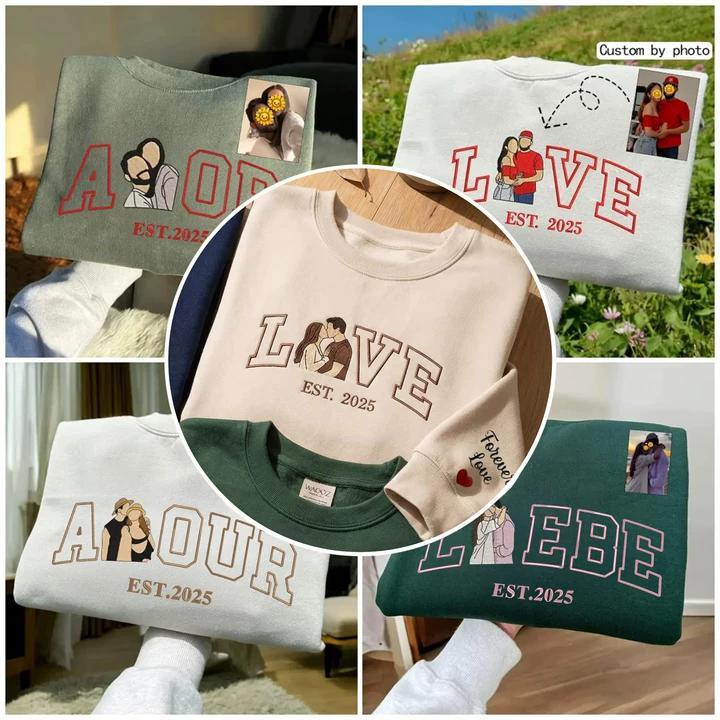 Personalized Embroidered Photo Couple LOVE Est Year Sweatshirt/Hoodie/T-shirt