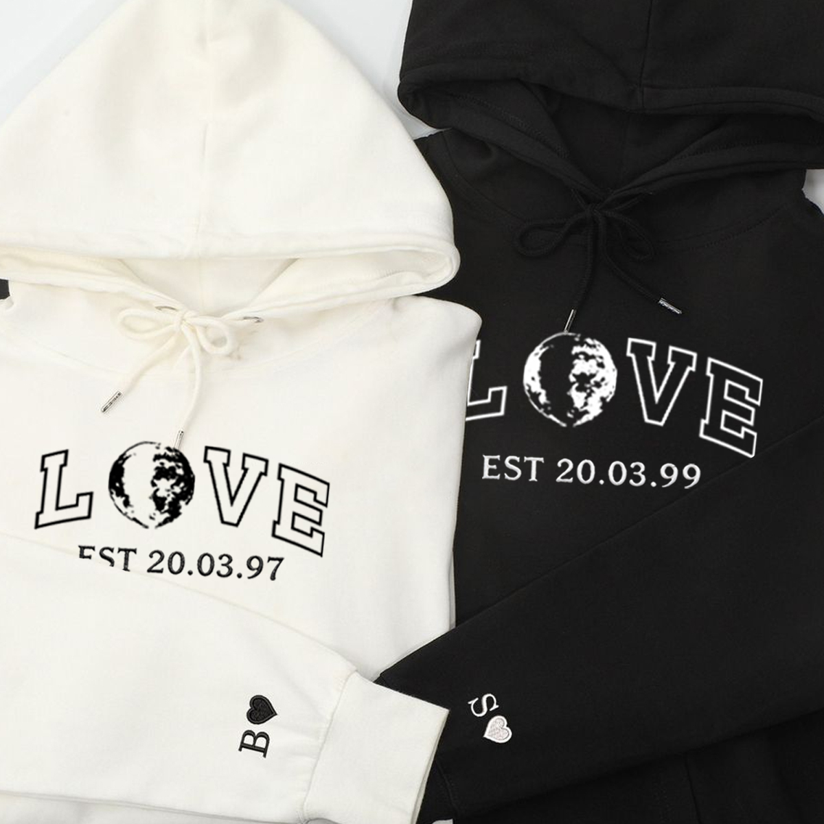 Custom "Two Hearts, One Moon" Anniversary/Birthday LOVE Embroidered EST Year Hoodie