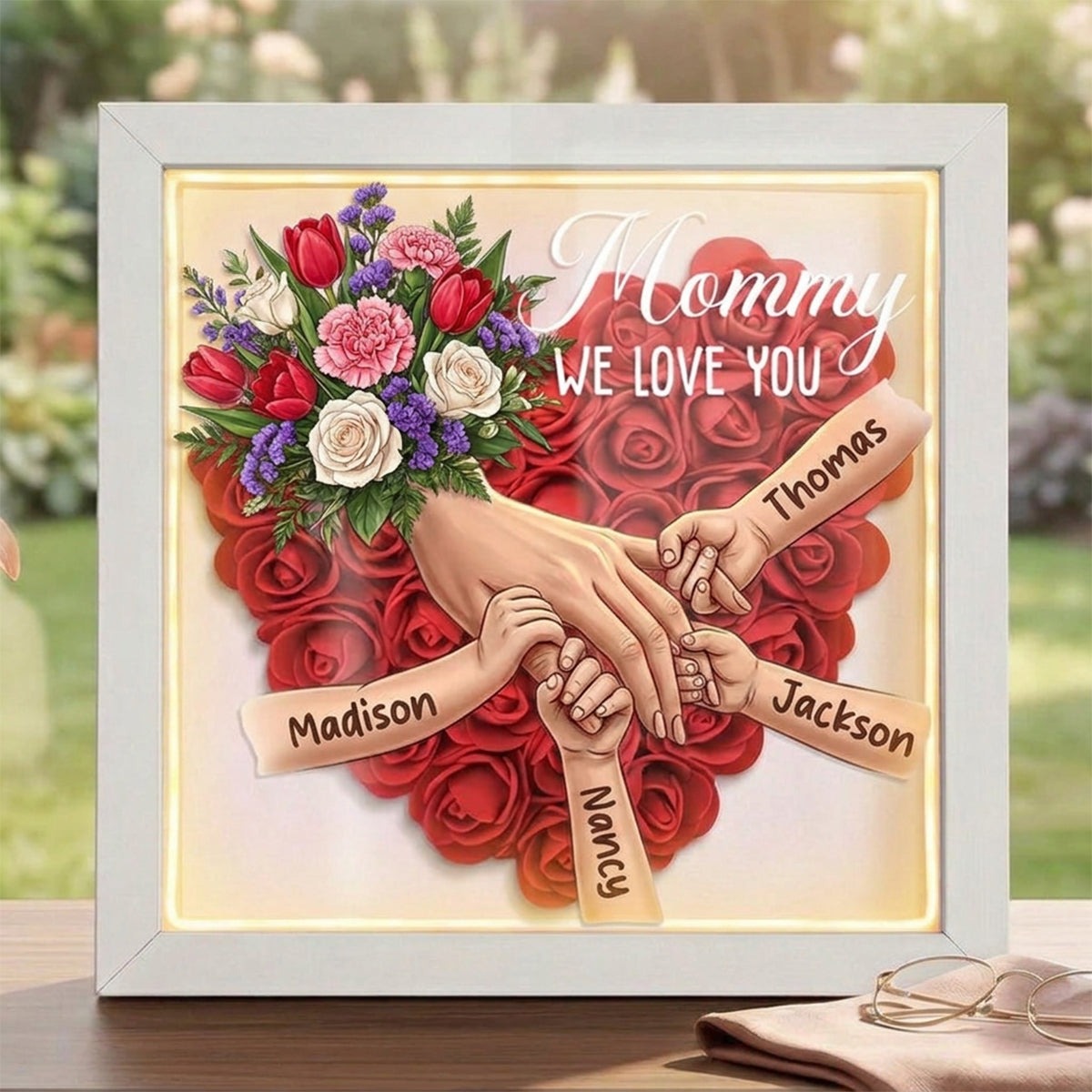 Forlovever™ Tulips & White Roses & Carnations Personalized Mom Holding Hands Shadow Box – Custom Name Remembrance Frame, Mother’s Day In Loving Memory Gift