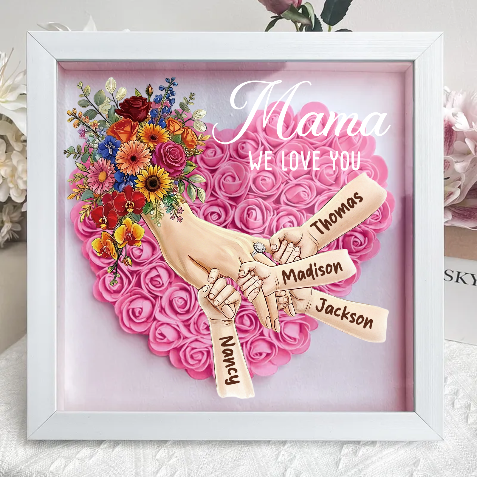Forlovever™ Custom Mom Holding Hands with Ring & Manicure Shadow Box-Mother's Day Remembrance Frame, In Loving Memory Gift