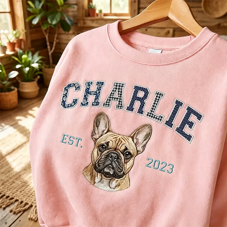 Patchwork Fabric Pet Portrait Embroidered Sweatshirt Custom Dog Cat Gift for Pet Lovers