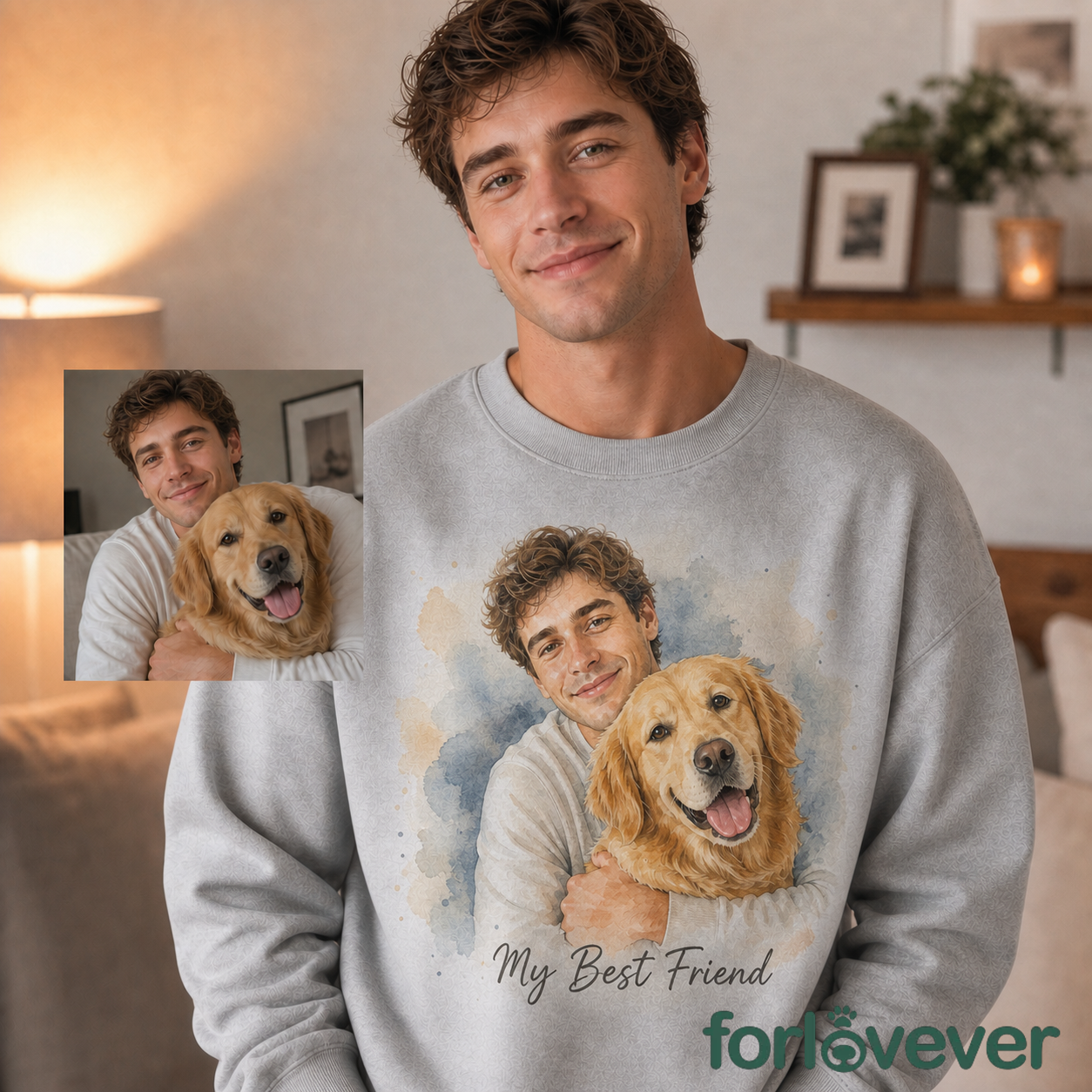 Custom Watercolor Pet & Owner Portrait Sweatshirt, Personalized Pet Photo Crewneck with Custom Text