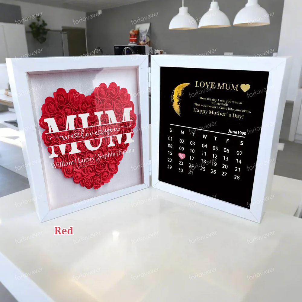 Mum We Love You With REAL MOON PHASE Anniversary Calendar - Personalized Flower Shadow Box-forlovever