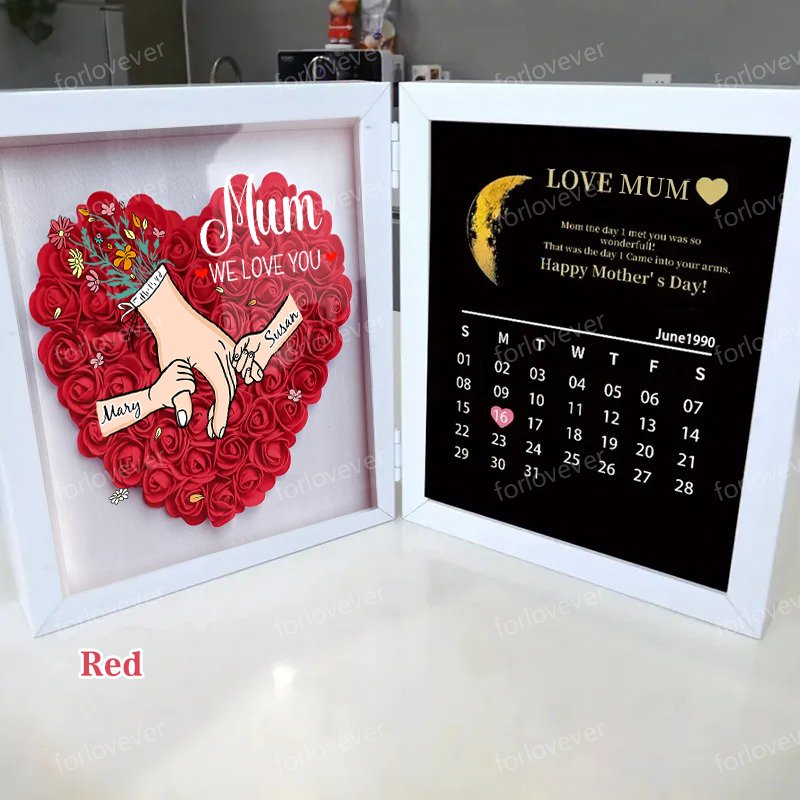 Mum We Love You With REAL MOON PHASE Anniversary Calendar - Personalised Mum & Grandma Flower Shadow Box with Names-forlovever