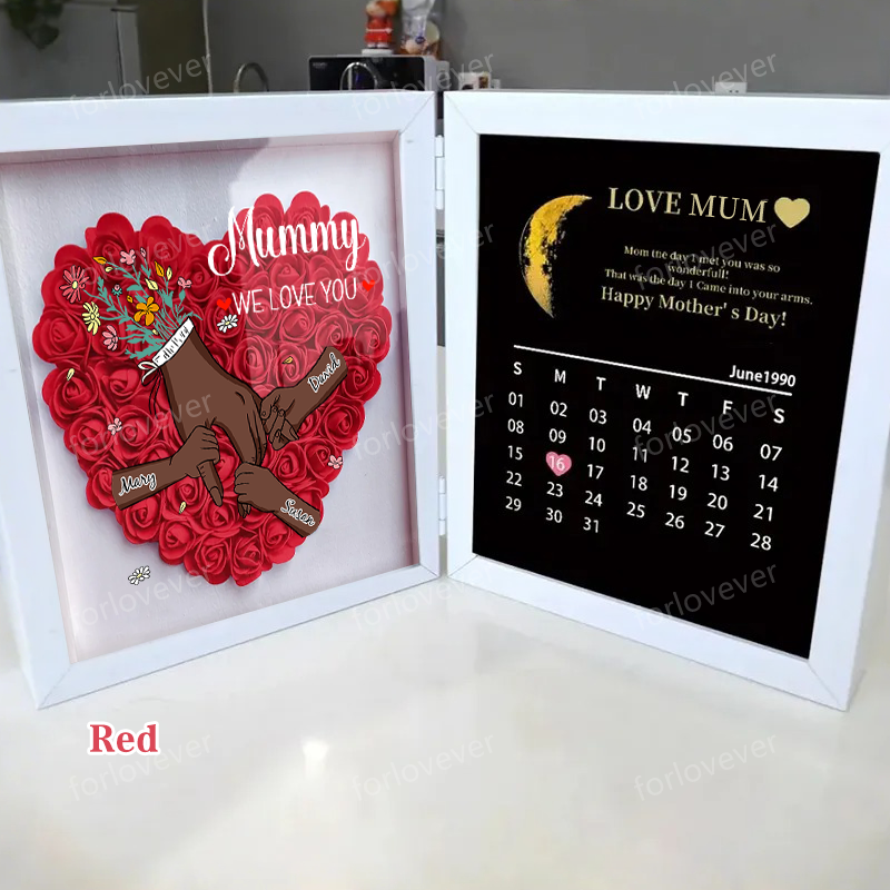 Mum We Love You With REAL MOON PHASE Anniversary Calendar - Personalised Mum & Grandma Flower Shadow Box with Names-forlovever