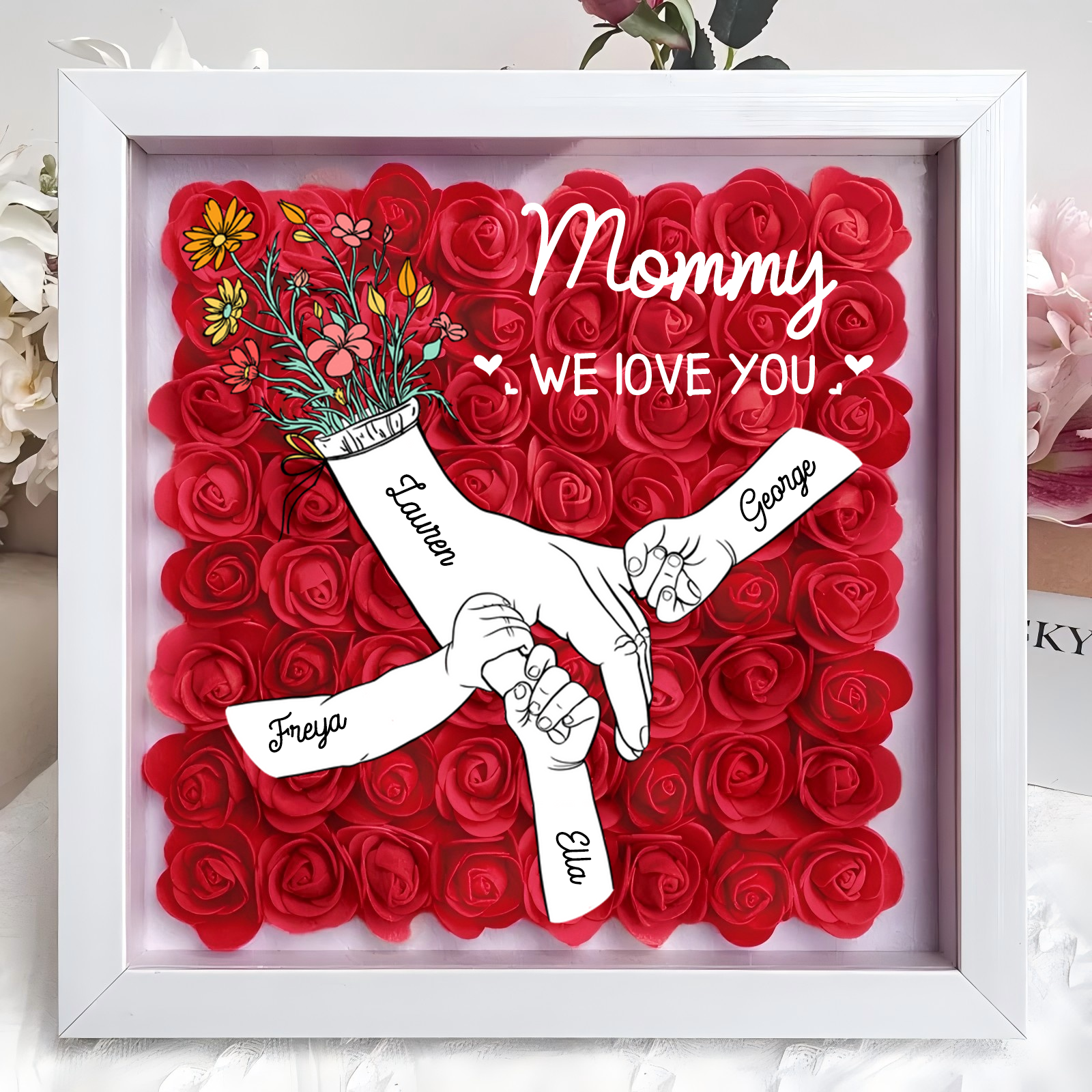 We Love You Mommy Hand Holding - Personalized Flower Shadow Box-forlovever