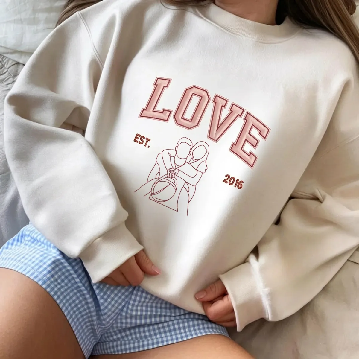 Custom Embroidered Outline Photo Couple LOVE Est Year Valentines Matching Couple Gift