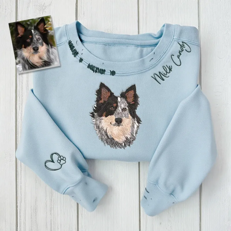 VINTAGE CUSTOM CREW-Custom Pet,Dog,Cat Face Full-color Outline Embroidered Hand Distressed Crew Neck Sweatshirt 