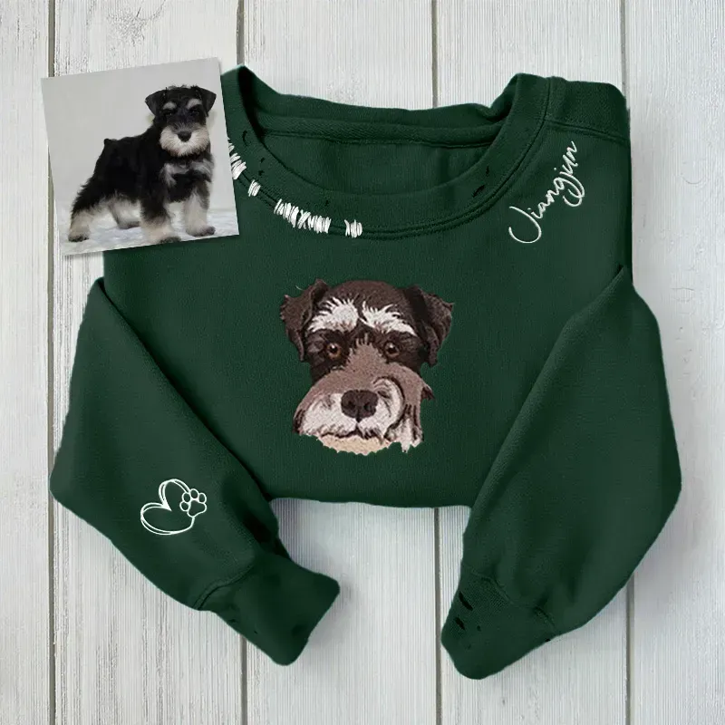 VINTAGE CUSTOM CREW-Custom Pet,Dog,Cat Face Full-color Outline Embroidered Hand Distressed Crew Neck Sweatshirt 