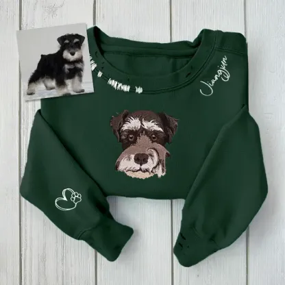 VINTAGE CUSTOM CREW-Custom Pet,Dog,Cat Face Full-color Outline Embroidered Hand Distressed Crew Neck Sweatshirt 