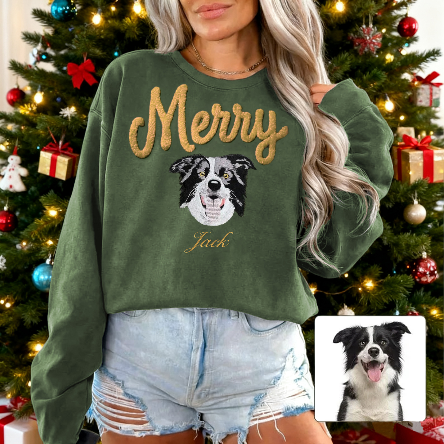 Custom Pet Photo Christmas Embroidery And Chenille Yarn Double-Process Christmas Sweatshirt/Hoodie