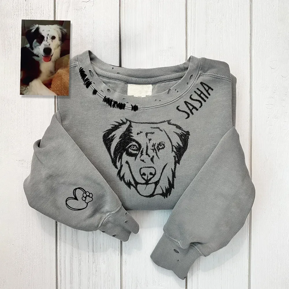 VINTAGE CUSTOM CREW-Custom Pet,Dog,Cat Face Full-color Outline Embroidered Hand Distressed Crew Neck Sweatshirt 