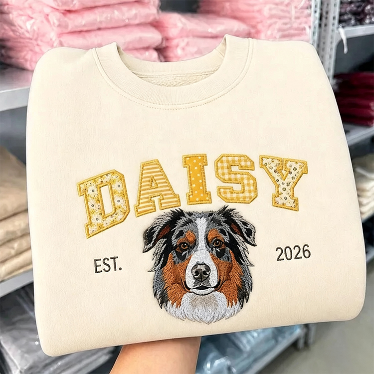 Patchwork Fabric Pet Portrait Embroidered Sweatshirt Custom Dog Cat Gift for Pet Lovers