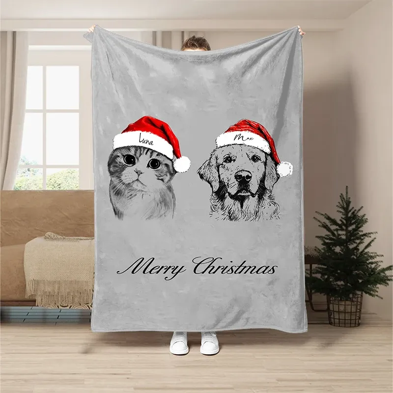 Custom Pet Portrait Sketch Style Christmas Blanket, Photo Customized Personalized Dog Blanket, Cat Photo Blanket