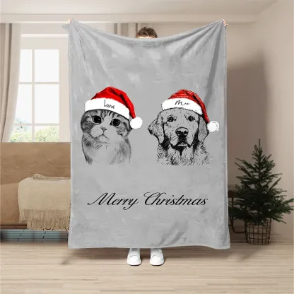 Custom Pet Portrait Sketch Style Christmas Blanket, Photo Customized Personalized Dog Blanket, Cat Photo Blanket