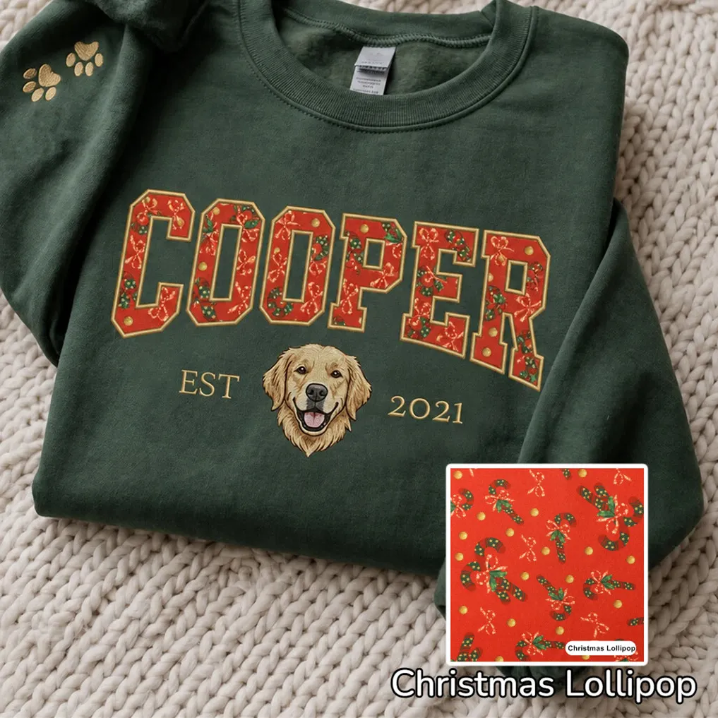 Custom Pet Portrait Embroidered Sweatshirt with Christmas Festive Name Applique