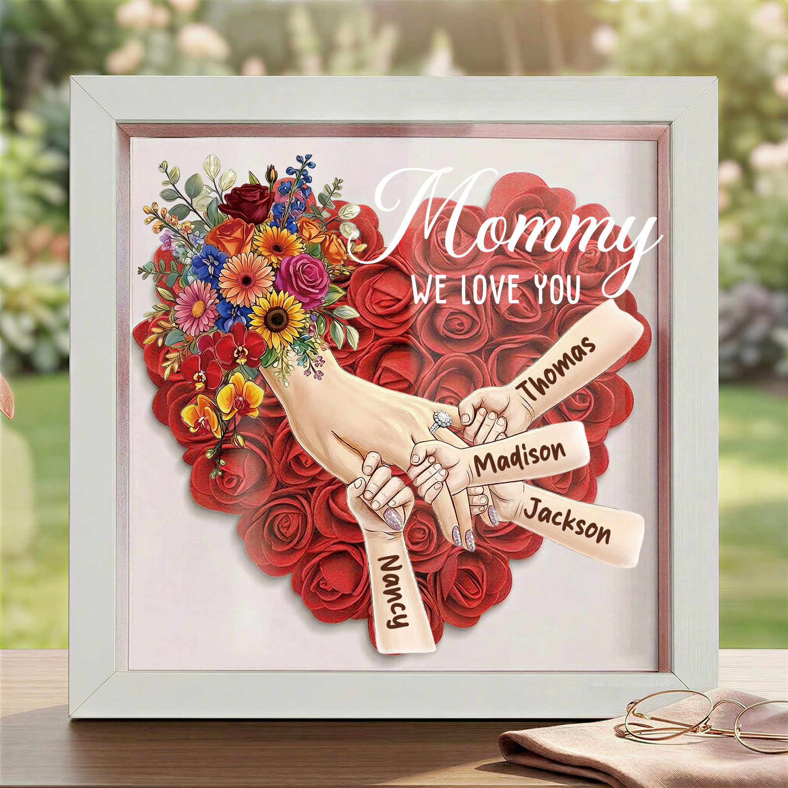 Forlovever™ Custom Mom Holding Hands with Ring & Manicure Shadow Box-Mother's Day Remembrance Frame, In Loving Memory Gift