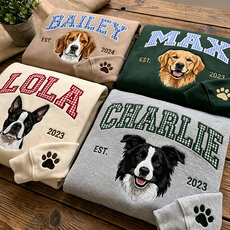 Patchwork Fabric Pet Portrait Embroidered Sweatshirt Custom Dog Cat Gift for Pet Lovers