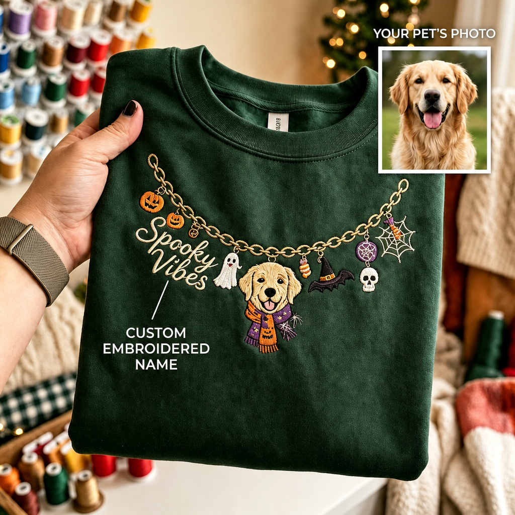 Custom Halloween Pet Portrait Embroidered Sweatshirt – Personalized Dog & Cat Necklace Design, Spooky Pet Lover Gift