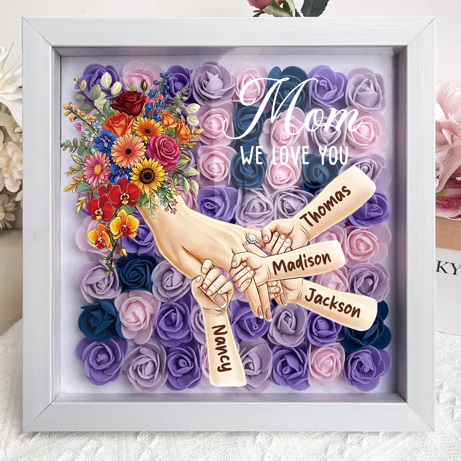 Forlovever™ Custom Mom Holding Hands with Ring & Manicure Shadow Box-Mother's Day Remembrance Frame, In Loving Memory Gift