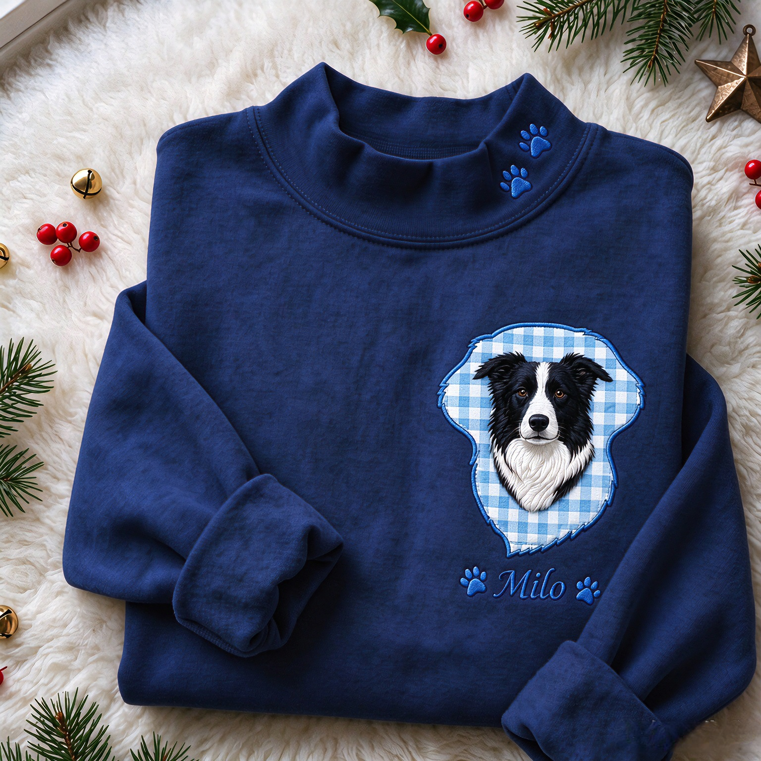 Custom Pet Portrait Mockneck Sweatshirt, Personalized Dog & Cat Embroidery, Applique Pet Shirt, Dog Mom Gift, Pet Lover Gift