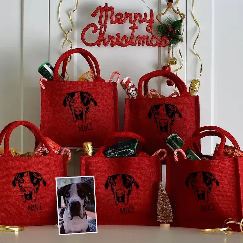 Custom Pet Photo Personalized Outline Embroidery Christmas Gift Party Bags