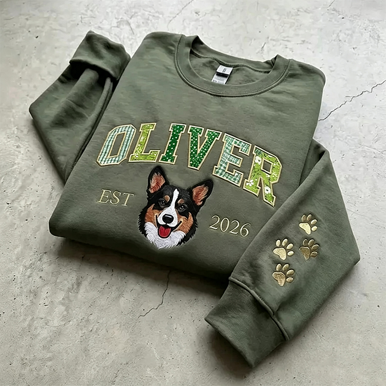 Patchwork Fabric Pet Portrait Embroidered Sweatshirt Custom Dog Cat Gift for Pet Lovers